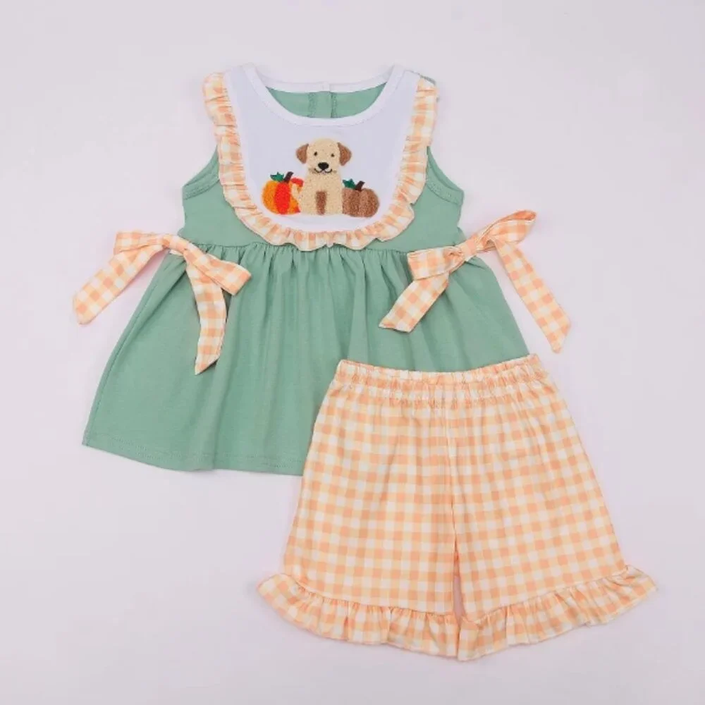 Boutique Pumpkin Labrador Puppy Tunic & Shorts Girls Outfit Set